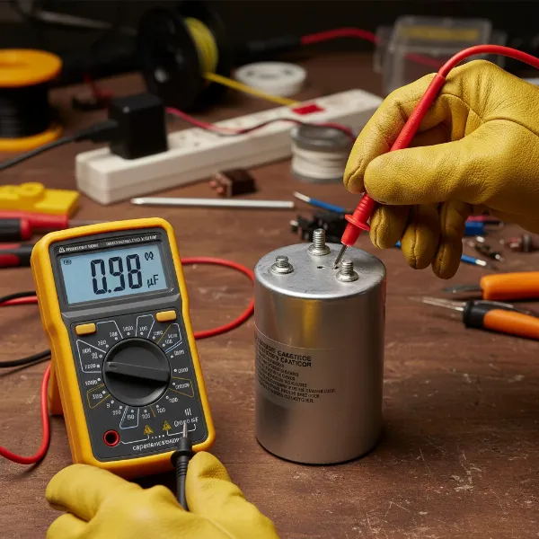 A digital multimeter displaying a capacitance reading while its probes are connected to a microwave capacitor