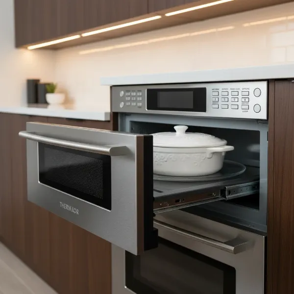 An open Thermador microwave drawer with a dish inside, highlighting ergonomic access and ease of use.