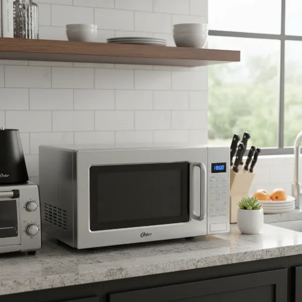 An Oster countertop microwave in a modern, well-lit kitchen setting.