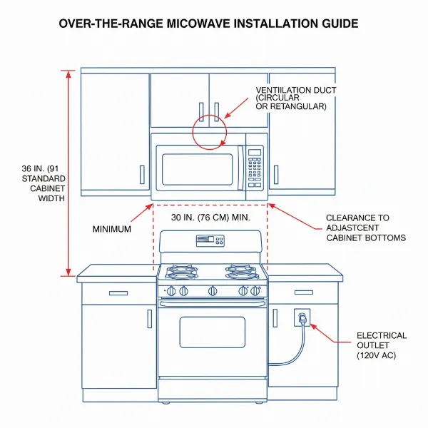 Diagram illustrating the proper installation and clearance requirements for an over-the-range microwave above a stovetop.