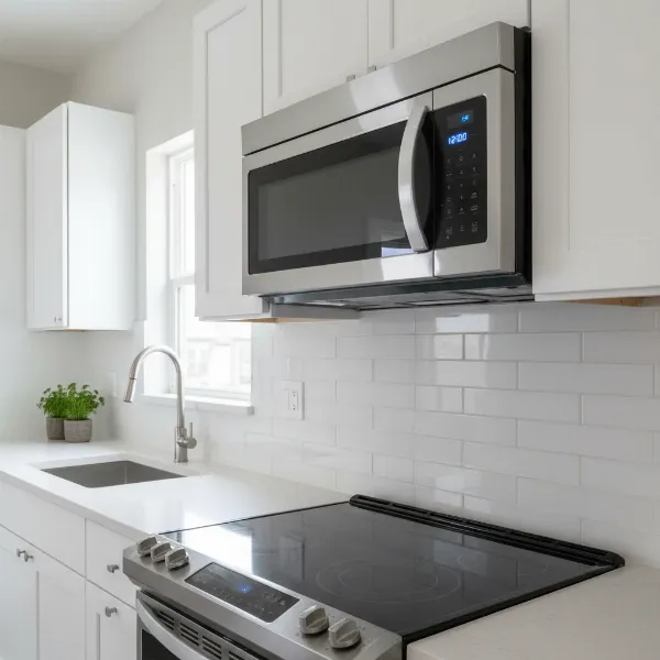 Modern over-the-range microwave installed above a stove in a contemporary kitchen, integrating cooking and ventilation functions
