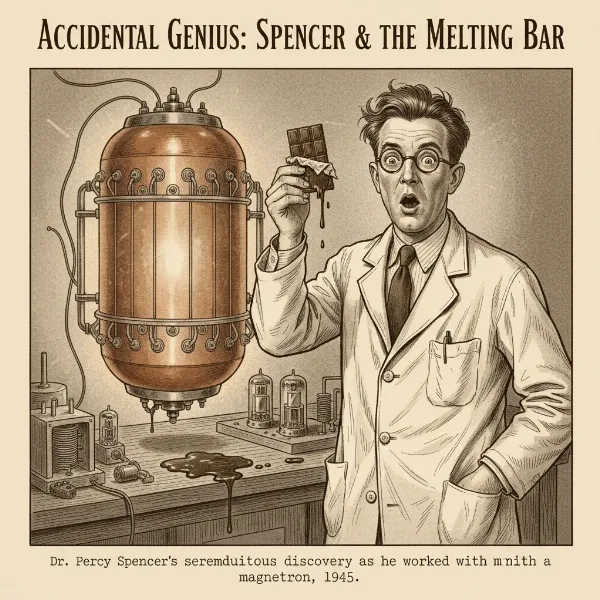 Percy Spencer discovering microwave heating with a magnetron and melting chocolate bar.