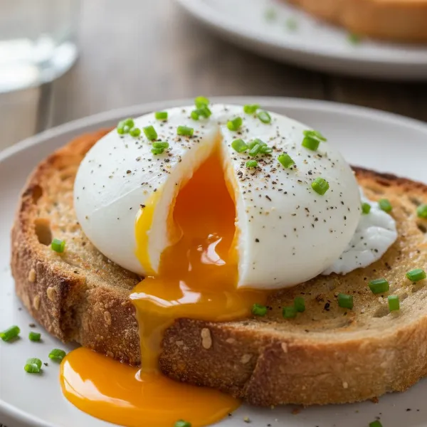 A close-up of a perfectly microwave-poached egg with a runny yolk on toast.
