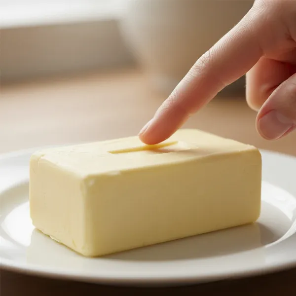 A finger gently pressing into a stick of perfectly softened butter, leaving a slight indentation.