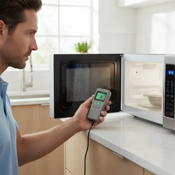 A person holding a microwave leakage detector near a running microwave oven.