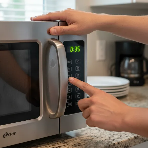 A person interacting with an Oster microwave, highlighting daily use and common issues.