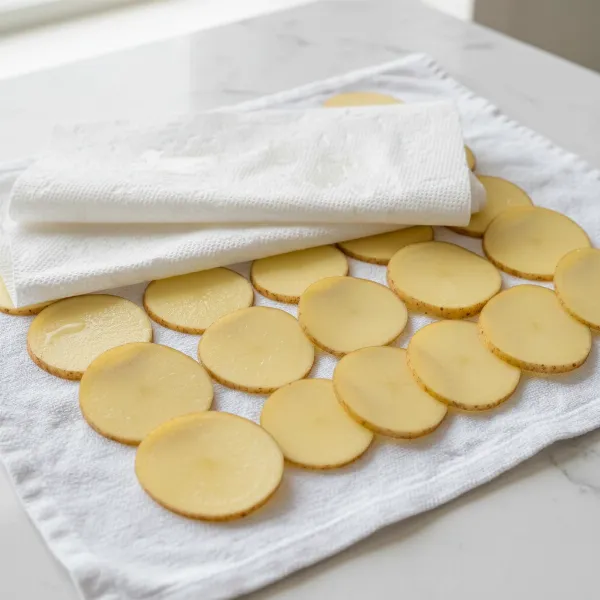 Thinly sliced and thoroughly dried potato slices on a kitchen towel, ready for microwaving.