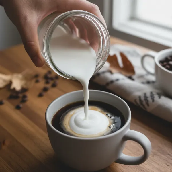 Hands pouring creamy, frothy milk from a mason jar into a mug of black coffee, forming a latte.