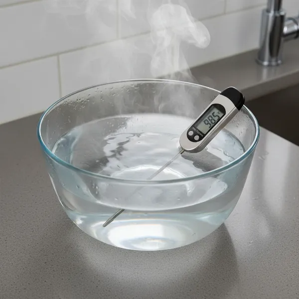 A digital thermometer measuring the temperature of water in a glass bowl after microwave heating.