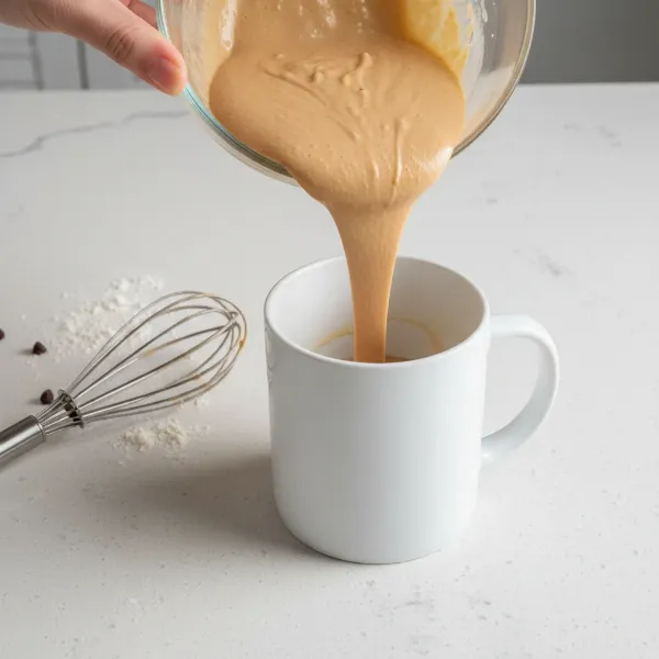 Hands pouring mixed cake batter into a greased ceramic mug, ready for microwaving.