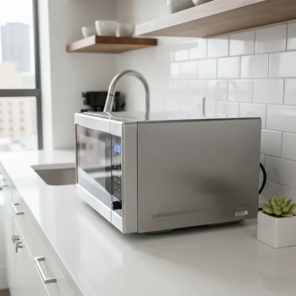 A compact RCA microwave oven on a counter in a modern small kitchen.