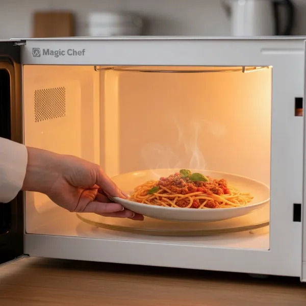 A person's hand placing a plate of reheated food, possibly leftovers, into a Magic Chef microwave.