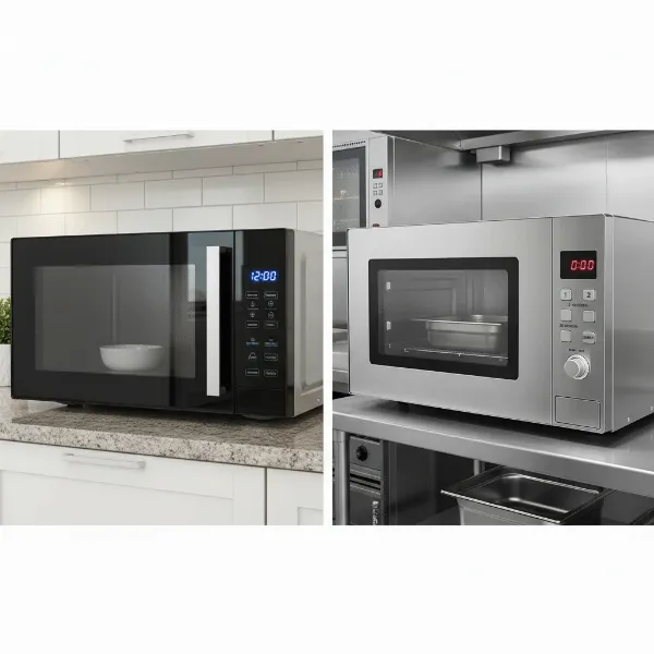 Side-by-side comparison of a sleek residential microwave and a robust stainless steel commercial microwave.