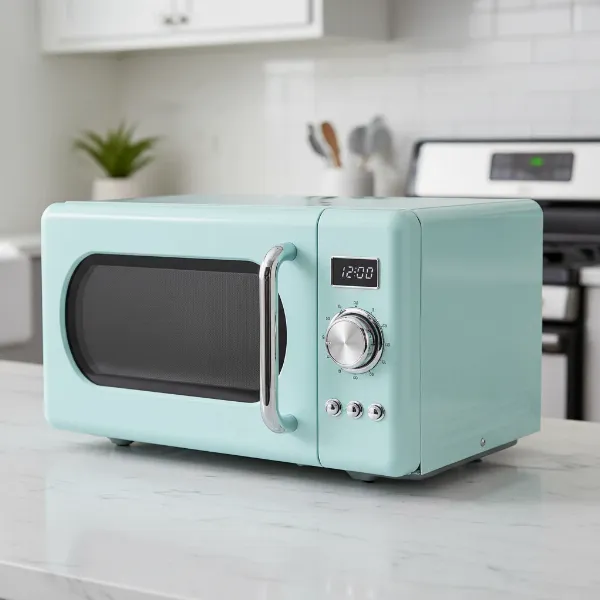 Aqua blue retro microwave with chrome accents in a modern kitchen, highlighting vintage design.