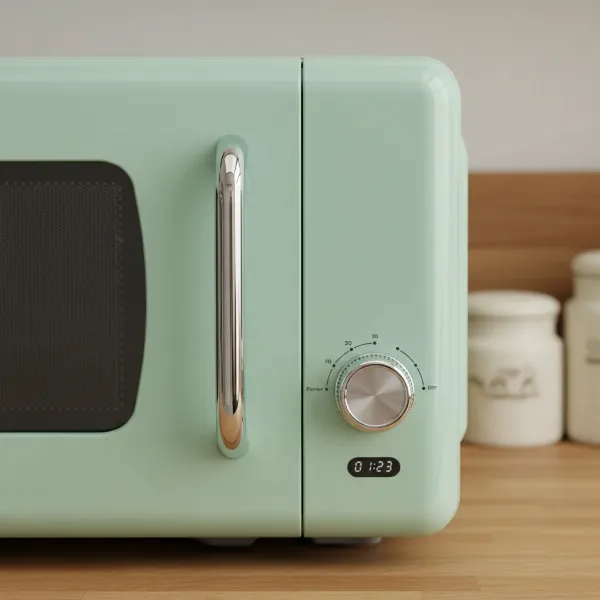 Close-up of a retro microwave highlighting its distinct color, chrome details, and classic dial controls.