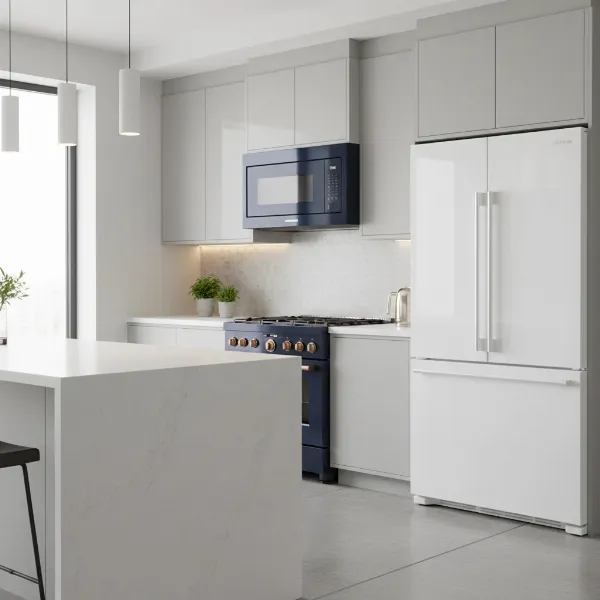 Samsung Bespoke over-the-range microwave in a modern kitchen, showcasing its sleek design and customizable finish.