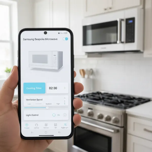Smartphone displaying the SmartThings app controlling a Samsung Bespoke microwave in a smart kitchen setting.