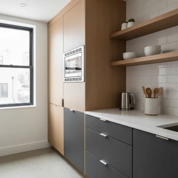 Danby space saver microwave integrated into a small, modern kitchen.