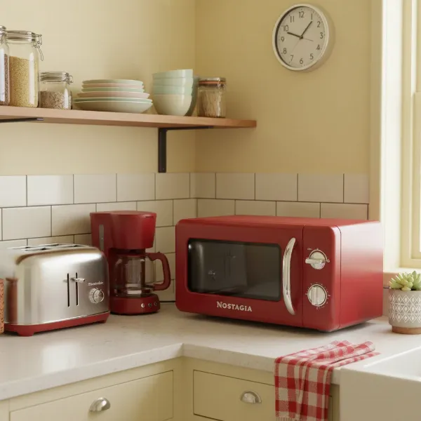 Compact retro microwave in a small, stylish kitchen, fitting perfectly with vintage decor elements.