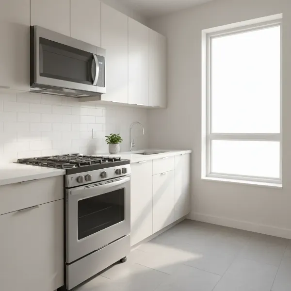 Compact modern kitchen with a Summit OTR microwave, highlighting space efficiency