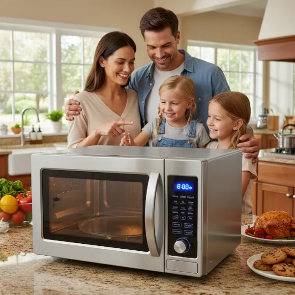 A smart convection microwave with advanced features being used by a family for cooking.