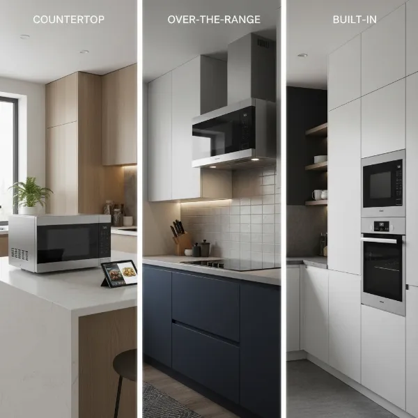 Three distinct smart microwaves: countertop, over-the-range, and built-in, integrated in modern kitchens.