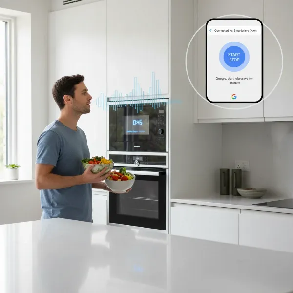 Person using voice commands with Google Assistant to control a smart microwave via smartphone app.