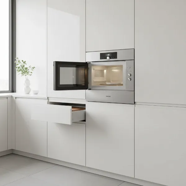 Smeg 24-inch built-in microwave integrated into a modern kitchen cabinet.