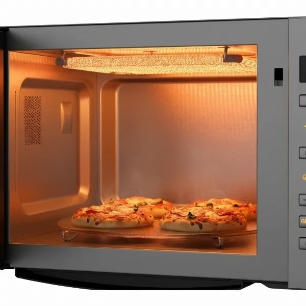 Smeg built-in microwave with grill function preparing crispy food.