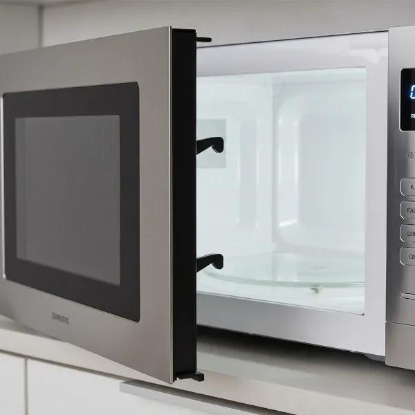 Close-up of a microwave door gently closing, showcasing the soft-close mechanism and muted features for silent operation.