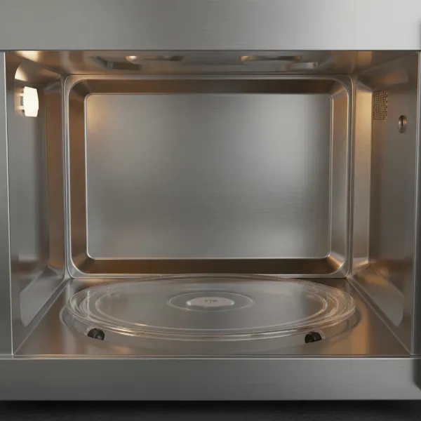 Sleek, reflective stainless steel microwave interior with a modern aesthetic