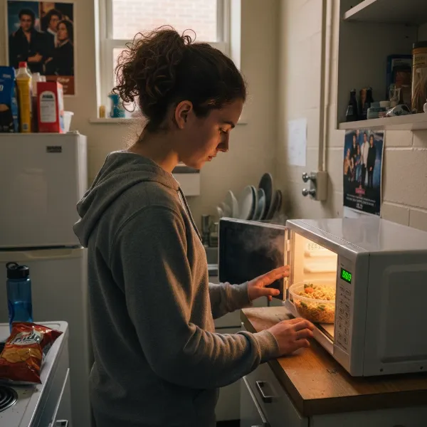 A student using an RCA microwave in a dorm room for quick meal prep.