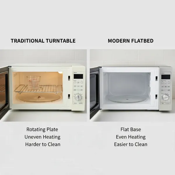 Side-by-side comparison of a turntable microwave and a flatbed microwave highlighting key differences.
