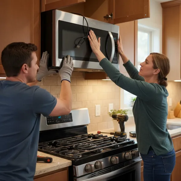 Two individuals carefully lifting and securing an over-the-range microwave into position above a stove.