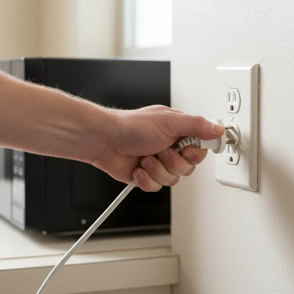 A person's hand unplugging a microwave from an electrical wall outlet for a hard reset.