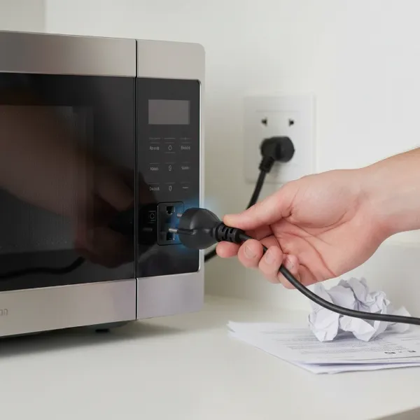 A hand unplugging a microwave oven from a wall outlet, demonstrating a hard reset troubleshooting step.