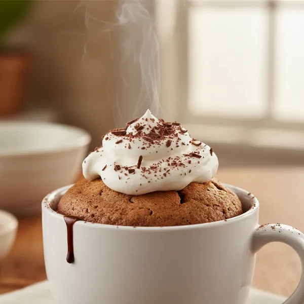A warm, gooey chocolate mug cake, topped with whipped cream and chocolate shavings, ready to eat.
