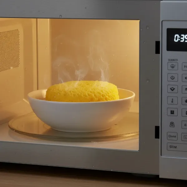 Wet kitchen sponge in a microwave-safe bowl inside a microwave oven during sterilization process.