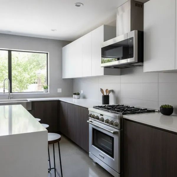 A sleek Whirlpool low profile microwave installed, maximizing kitchen counter space and headroom above stove.