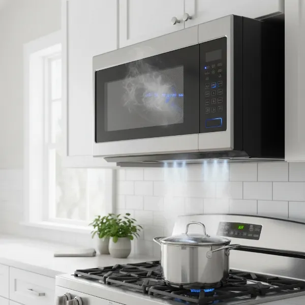 Whirlpool low profile microwave with effective ventilation, removing steam and odors above a simmering pot.