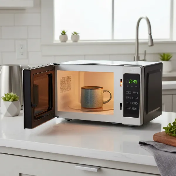 Small Willz countertop microwave reheating a mug in a modern kitchen.
