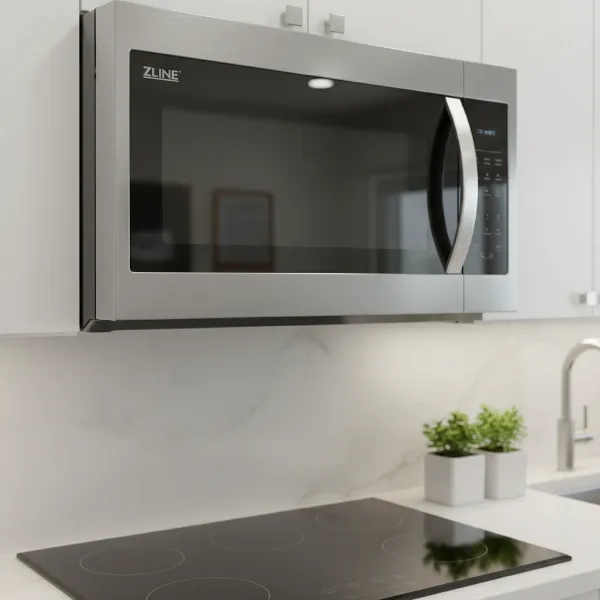 Elegant ZLINE Over-the-Range convection microwave in a contemporary stainless steel kitchen setting.